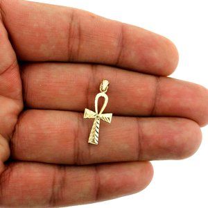 Real 10K Yellow Gold Diamond Cut  Ankh Cross Pendant